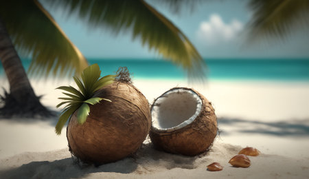 Coconut on sandy beach with palm trees in the background.の素材
