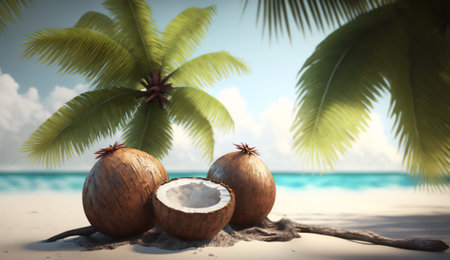 Coconut on the beach with palm trees. 3d renderingの素材