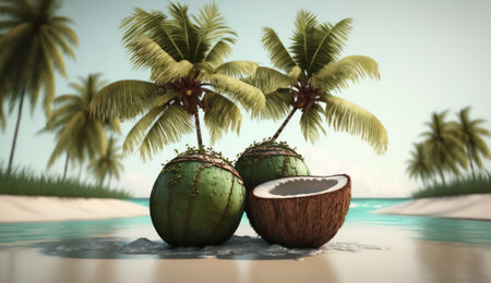 Coconuts on the beach, 3d render, tropic backgroundの素材