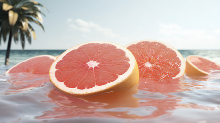 Grapefruit slices in the water on the background of palm treesの素材
