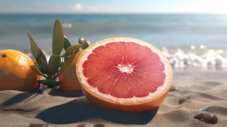 Sliced grapefruit on the sand with sea and sky backgroundの素材