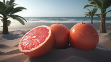 Two halves of red grapefruit on the sand against palm trees and seaの素材