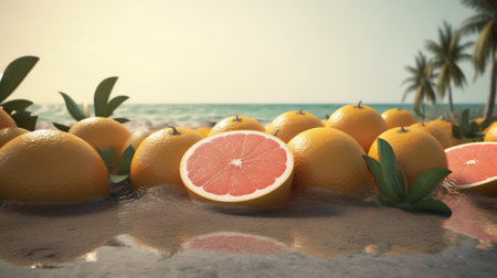 Grapefruit and oranges on the beach, vintage color tone.の素材