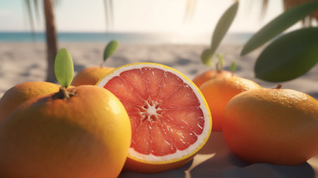 Grapefruit and oranges on a sandy beach in the tropicsの素材