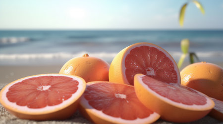 Close-up of ripe juicy grapefruits on the beach.の素材