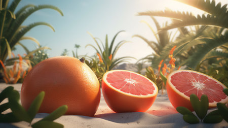 Orange and grapefruit on the beach with palm trees and blue skyの素材