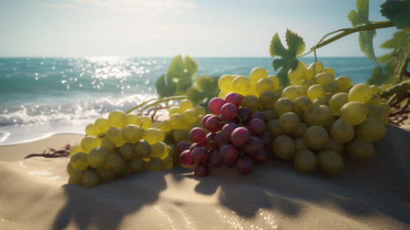 Bunch of grapes on a sandy beach with the sea in the backgroundの素材