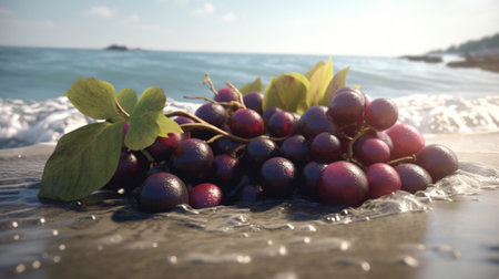 Bunch of grapes on the beach with sea and sky background.の素材