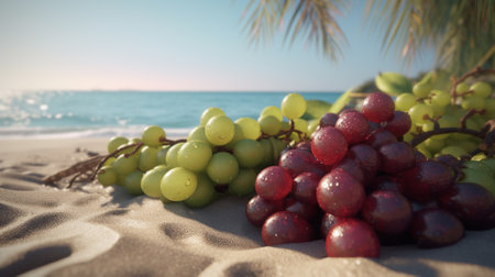Grapes on the beach with sea and sky as background.の素材