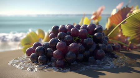 Grapes on the sand with sea background. 3d renderingの素材