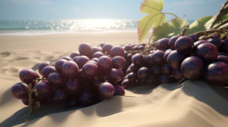 Bunch of grapes on the sand with the sea in the backgroundの素材
