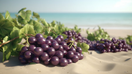 Bunch of grapes on the sand with sea background. selective focus.の素材