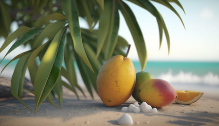 3D render of mangoes on the beach with palm leavesの素材