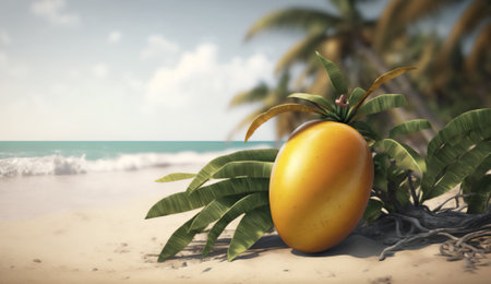 Tropical fruit mango on the beach with palm tree and sea backgroundの素材