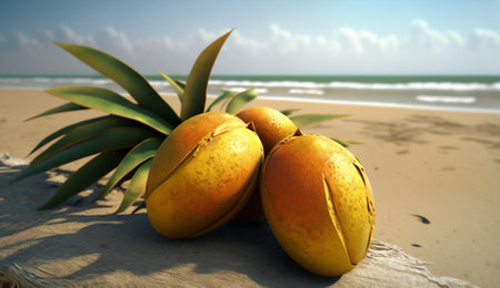 Tropical fruits on the beach with sea and sky background.の素材