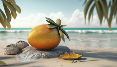 Orange fruit on the beach. 3d rendering. summer concept.の素材