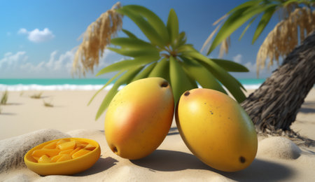 Mango fruit on the beach. 3d rendering. tropical background.の素材