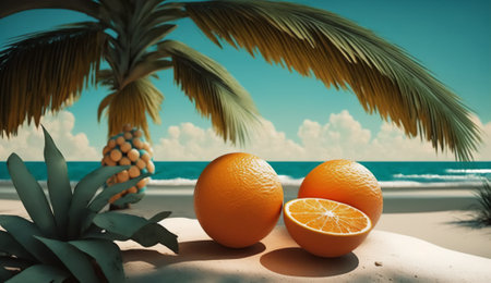 Oranges on the beach with palm tree and sea background, 3d renderの素材