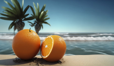 Orange fruit on the beach with palm and sea background. 3d renderingの素材