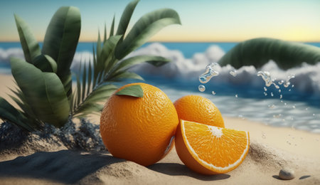 Orange fruit on the beach. 3d rendering, 3d illustration.の素材