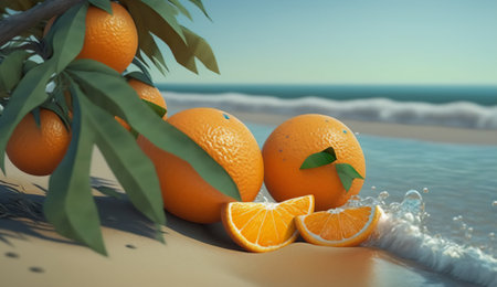 Orange fruit on the beach. 3d illustration. summer background.の素材