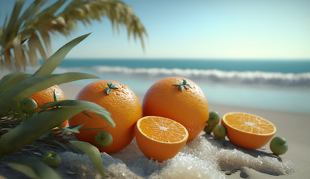Orange fruit on the beach with palm leaves and sea background. 3d renderingの素材
