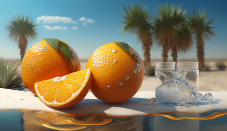 Orange fruit on the sand with palm trees in the background. 3d renderingの素材