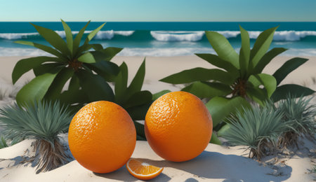 Orange fruit on the beach with sea background. 3d rendering.の素材