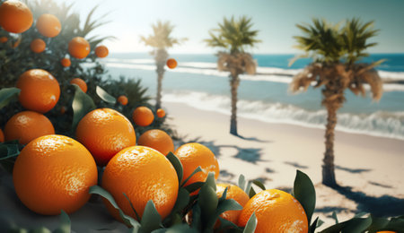 Tangerines on the beach with palm trees. 3d renderingの素材