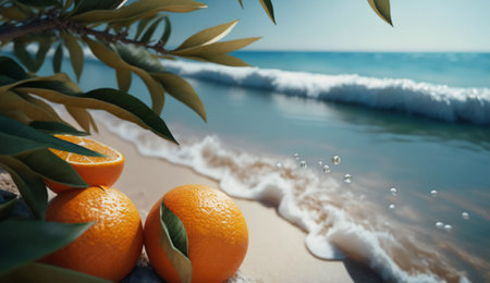 Orange fruit on the beach with sea and waves in the background.の素材