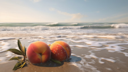 Nectarines on the beach at sunset, 3d render.の素材