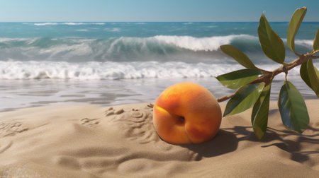 Ripe apricot on the beach with the sea in the backgroundの素材