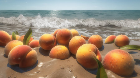 Apricots on the beach with the sea in the background.の素材
