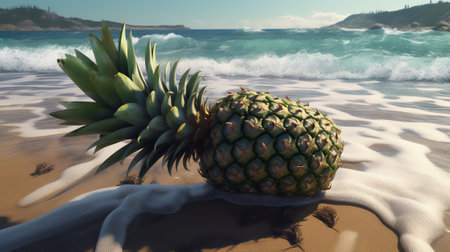 Pineapple on the beach. 3D render of pineapple on the beach.の素材