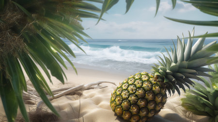 Pineapple on the beach with the sea in the background.の素材