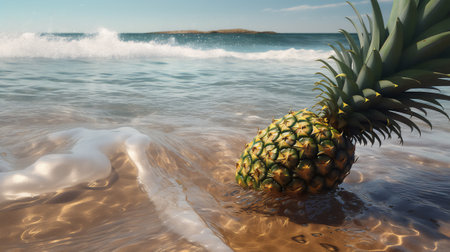 Pineapple on the beach. 3d rendering. summer conceptの素材