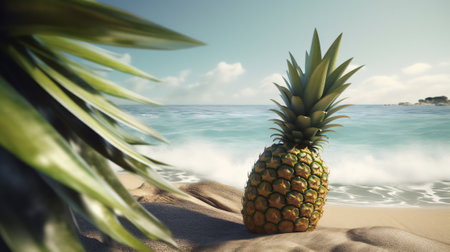 Pineapple on the beach. Summer vacation concept. 3D Renderingの素材