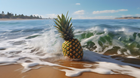 Pineapple on the beach with waves and splashes. 3d renderingの素材