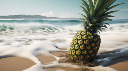 Pineapple on the beach with waves in the background. 3d renderingの素材