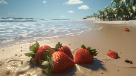 Strawberries on the beach. 3d rendering. summer conceptの素材