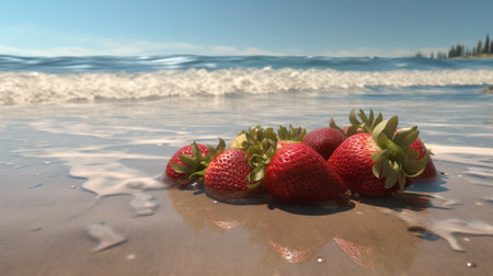 Strawberries on the sandy beach with the sea in the backgroundの素材
