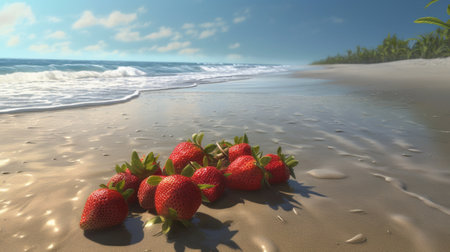 Strawberries on the beach, 3d render. summer background.の素材