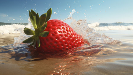Strawberry in the sea with splashes of water. 3d illustrationの素材