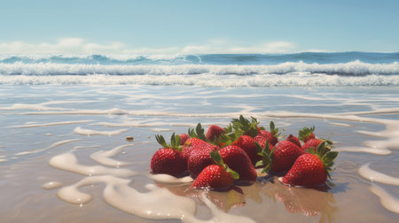 Strawberries on the beach with sea waves in the background.の素材