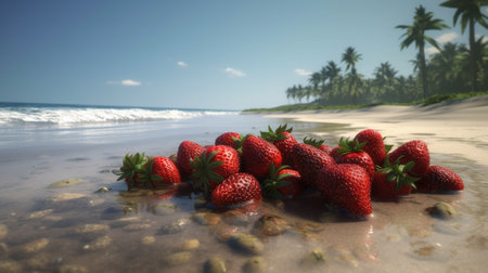 Strawberries on a beach with palm trees in the background.の素材
