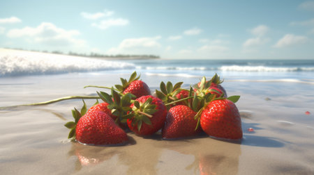 Strawberries on the beach. Fresh strawberries on the sandy beach.の素材