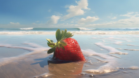 Strawberry on the beach with blue sky and sea background.の素材