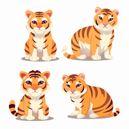 Set of cute cartoon tigers. Vector illustration isolated on white background.のイラスト素材