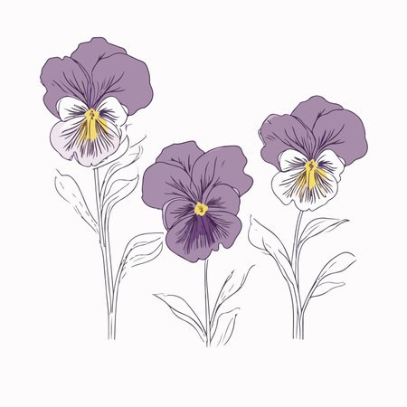 Violet pansy flowers set isolated on white background. hand drawn vector illustration.のイラスト素材