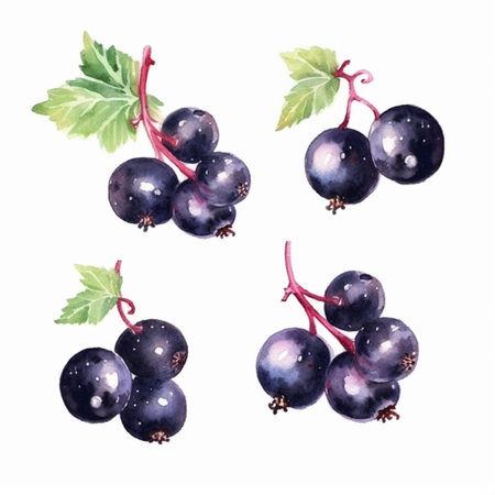 Black Currant. Hand drawn watercolor illustration isolated on white backgroundの写真素材